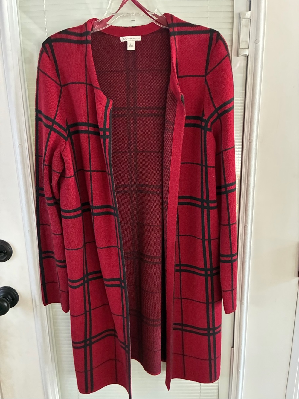 Cato Red and Black Plaid Open-Front Long Cardigan